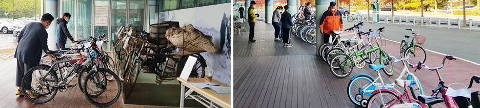 자전거 중고장터에 나온 자전거를 돌아보는 시민들