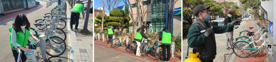 창원레포츠파크 임직원이 누비자 터미널을 돌며 정비 중
