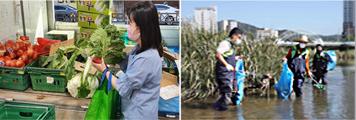 소상공인과 상생을 위한 장보기, 선결제, 하천정비중인 레포츠파크 직원들
